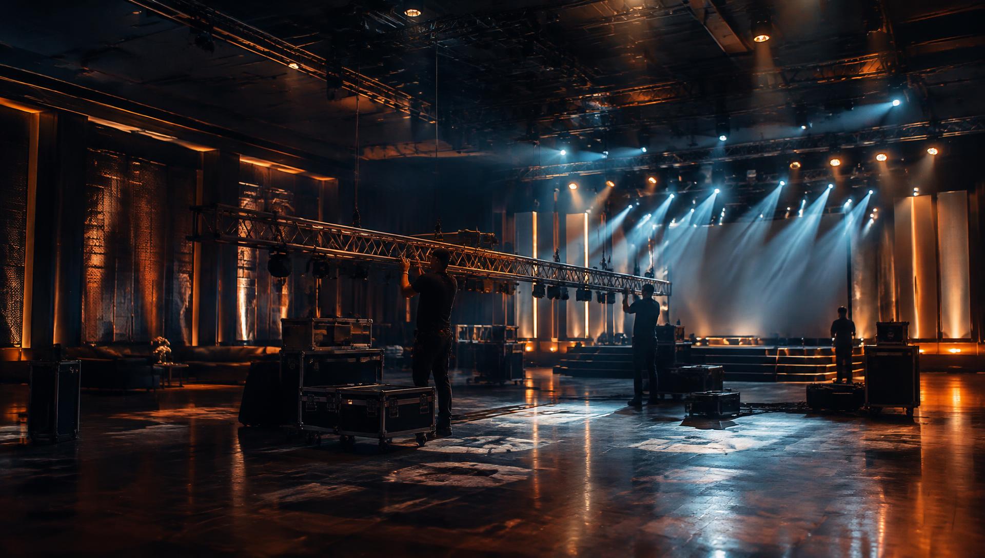 Montaje técnico de iluminación y escenario en un espacio de eventos